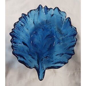 Vintage Blenko Glass Cabbage Leaf Bowl Cobalt Blue Hand Blown 6.75" x 6.25" x 2.